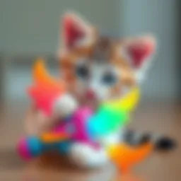 Kitty playing with a toy A playful kitty interacting with a colorful toy resembling Mercy's mythic weapon from a popular game