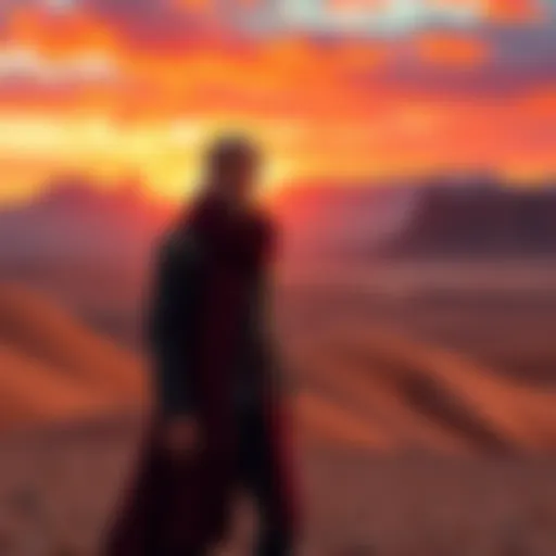 Kliff standing in a vast desert landscape, with mountains in the background and a vibrant sunset illuminating the scene.