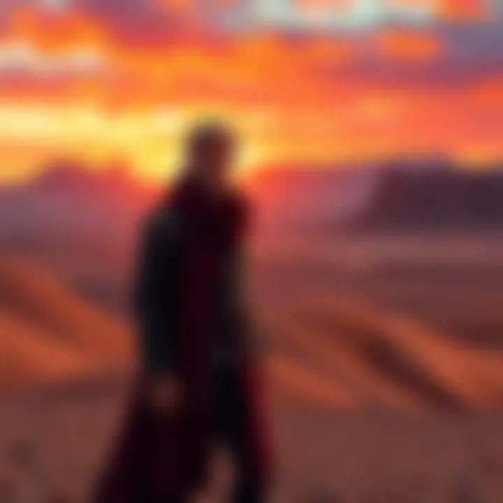 Kliff standing in a vast desert landscape, with mountains in the background and a vibrant sunset illuminating the scene.