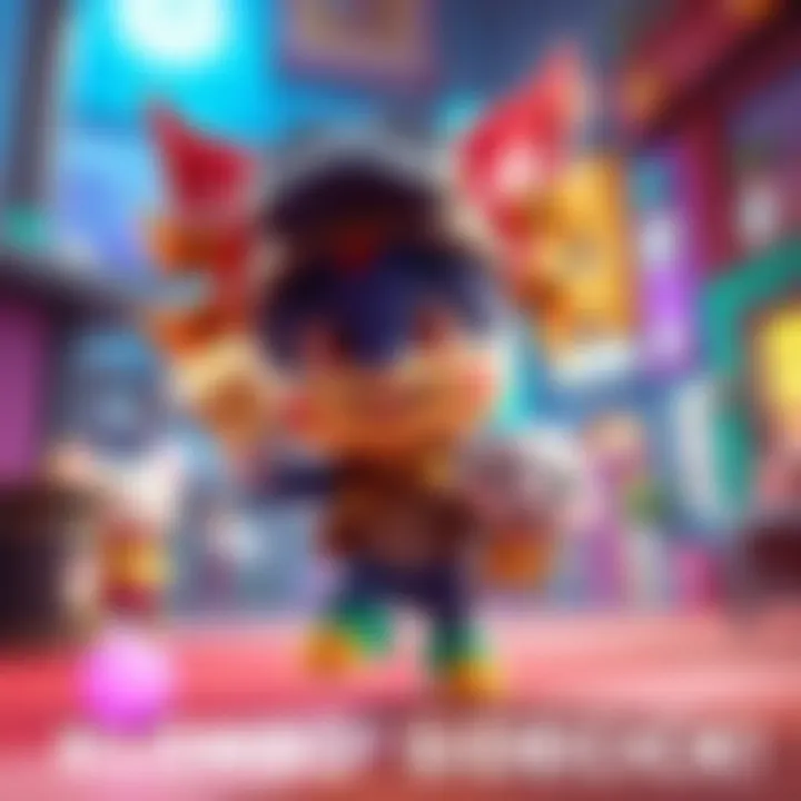 A colorful Klombo character with a whimsical sidekick in a vibrant game environment