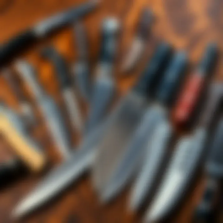 A collection of various knives displayed on a wooden table, showcasing differences in design and material.