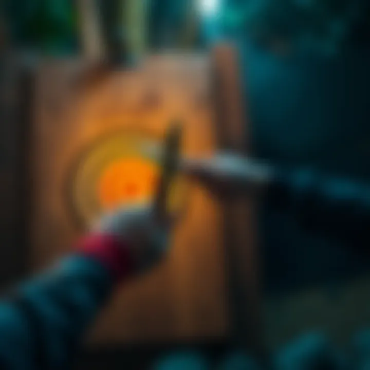 A person skillfully throws a knife at a wooden target during a practice session
