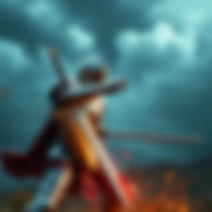 A brave knight in shining armor wielding a sword in a battle stance, surrounded by a medieval landscape.