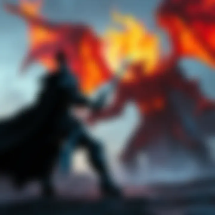 A knight in dark armor confronting a large, intimidating boss with fiery attacks in a gothic landscape.