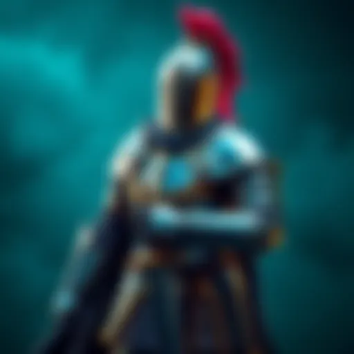 A knight in shining armor stands with a sword in hand, showcasing the design and features of the character.