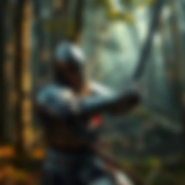 Knight in Armor Facing Challenges A knight in worn armor struggles with a sword in a forest setting, representing a challenging gaming experience in Kingdom Come: Deliverance.