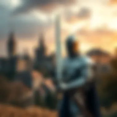 A knight in shining armor holding a sword in a medieval setting with castles in the background.