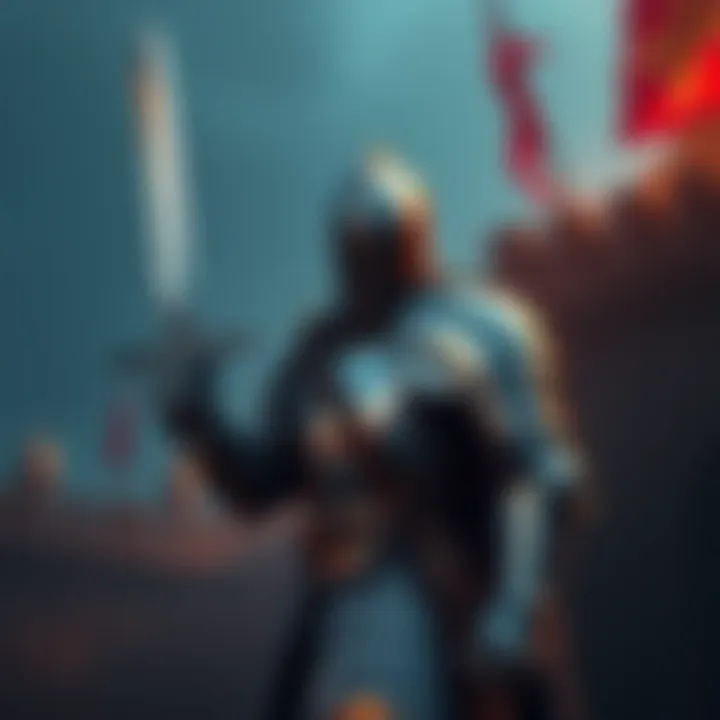 A knight in shining armor stands confidently, sword in hand, prepared for combat in a medieval setting.