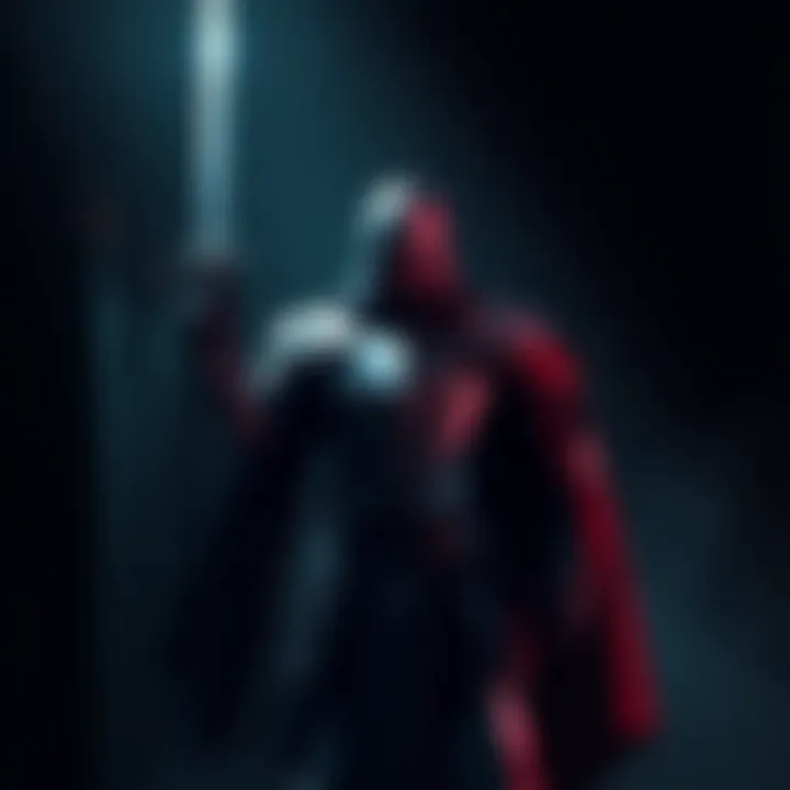A dark knight character in armor, wielding a sword, standing in a shadowy environment