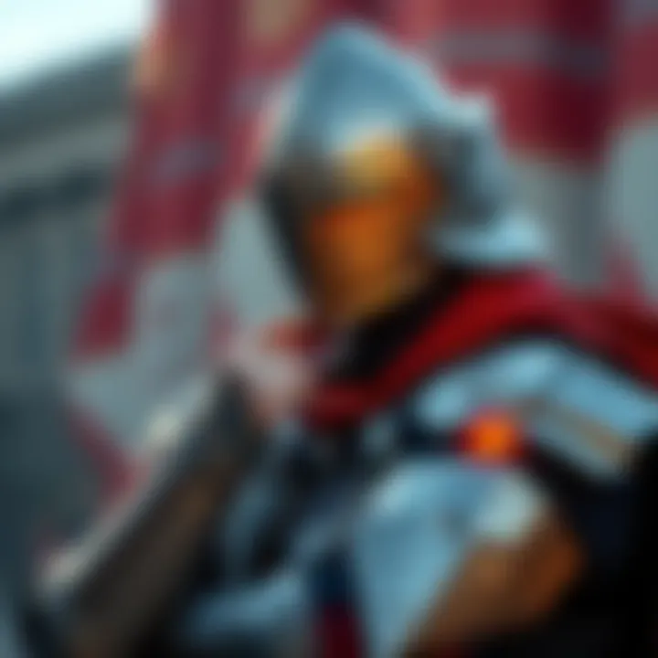 A knight lightly touching a small cut on his arm, looking unfazed and heroic, symbolizing resilience.