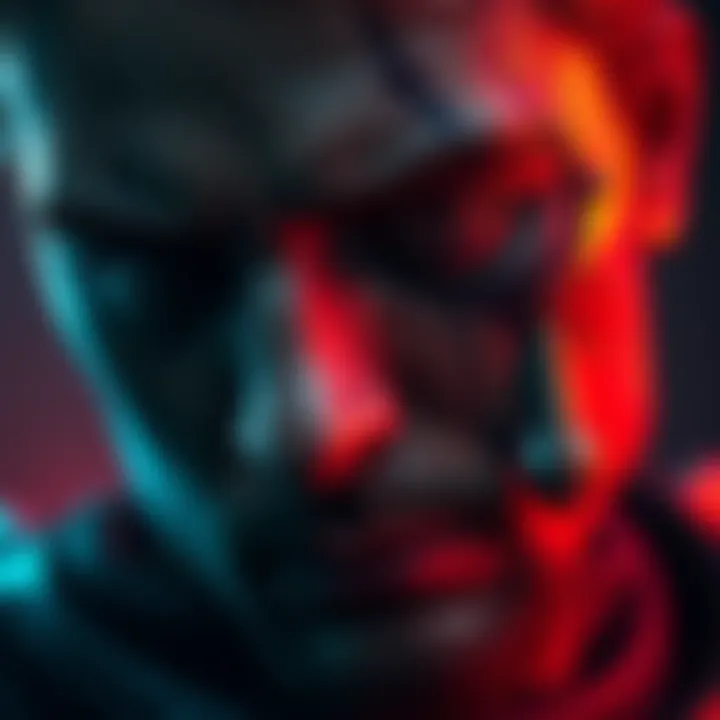 Knight's face with scars and metal A close-up of a character's face showing visible scars and a metal piece protruding from the cheek