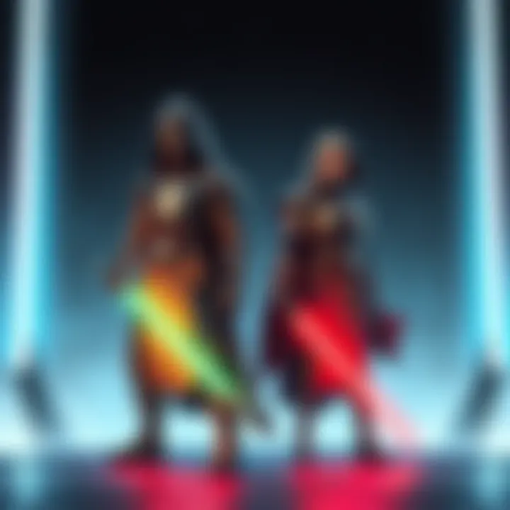 Two characters from Knights of the Old Republic standing in a futuristic setting with a starry background, showcasing their unique outfits and lightsabers.