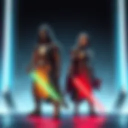 Knights of the Old Republic Characters Two characters from Knights of the Old Republic standing in a futuristic setting with a starry background, showcasing their unique outfits and lightsabers.