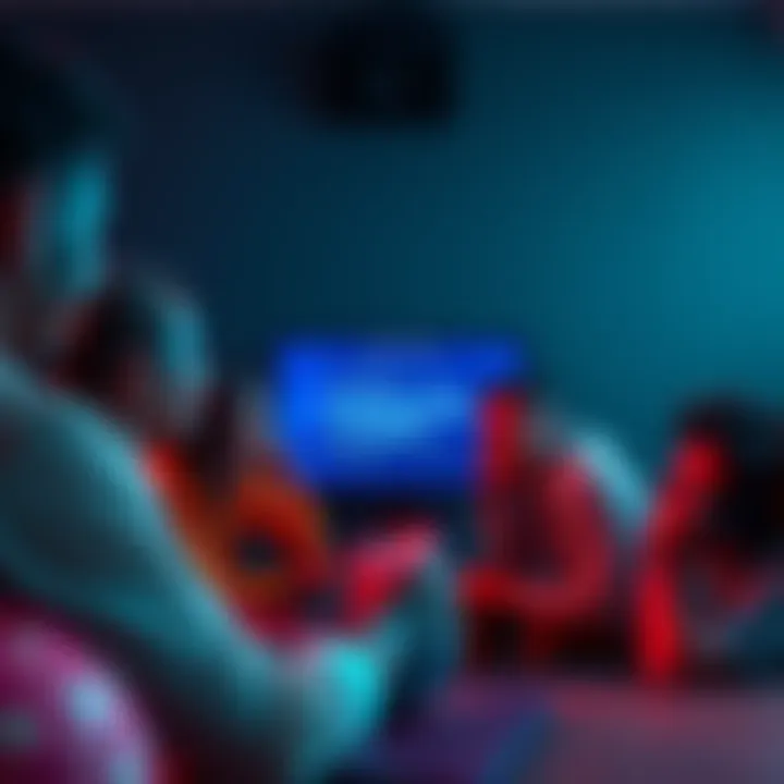 A group of friends sitting together, looking at a screen with the game Knowledge is Power, discussing answers, and laughing.