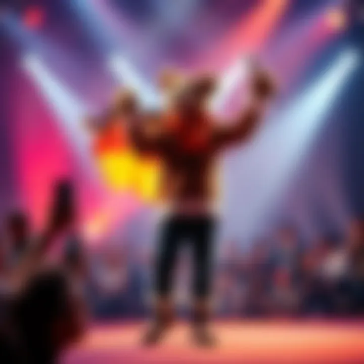 Knut stands on stage, surrounded by fans, while performing a German marching song instead of techno music.