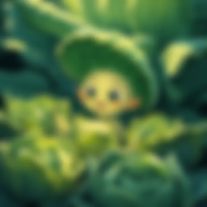 An illustration showing a Kohlibri, a character with a large head resembling a cabbage, surrounded by actual cabbages in a garden setting.