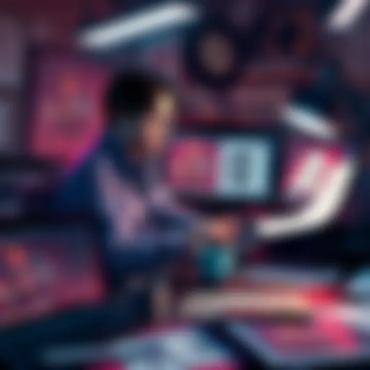 Koji Igarashi working on Bloodstained: The Scarlet Engagement in a game studio setting, surrounded by sketches and game design materials.