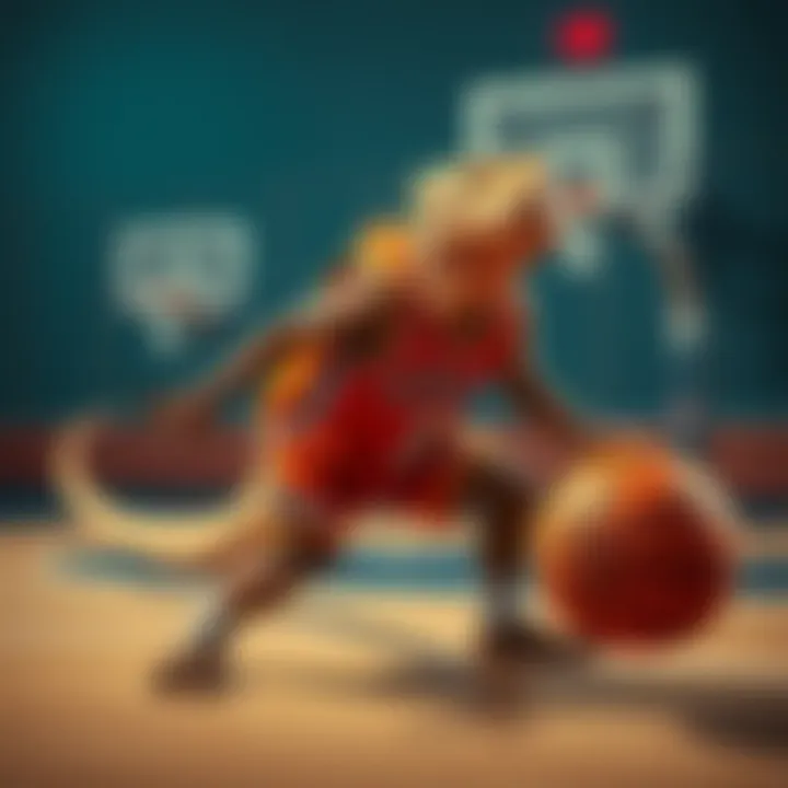 A Komodo dragon lizard-folk dribbling a basketball on a court, showcasing athletic skills while wearing a sports jersey.