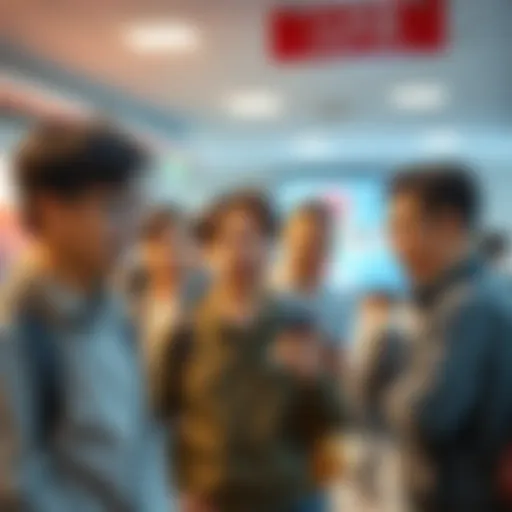 A group of Korean citizens talking about new disciplinary measures in a public space, showing concern and curiosity on their faces.
