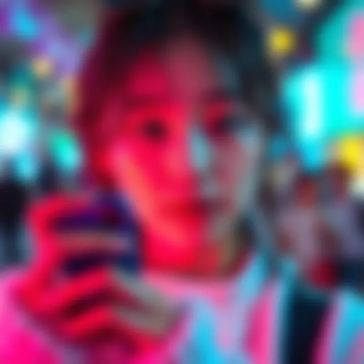 A vibrant photo showing a person using a Korean plush filter on a smartphone, highlighting the soft and colorful effects on their face.