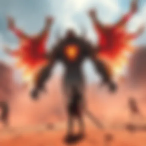 A fierce battle scene against Koregos, the final boss in a desert setting, with a player character preparing to attack.