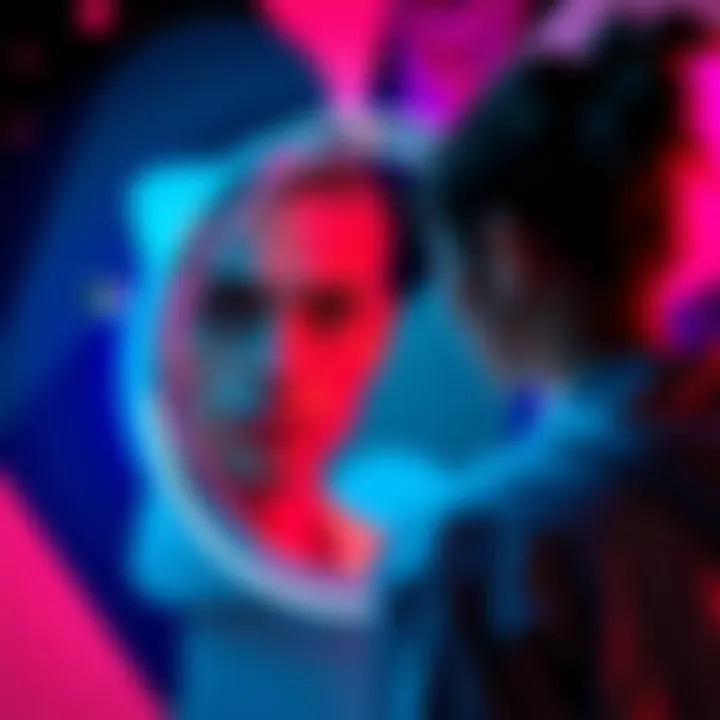 A person looking into a mirror, reflecting on their identity, surrounded by abstract shapes that represent themes of self-reflection and society.
