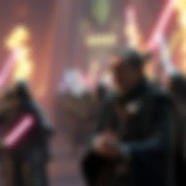Saber executive Steve Allison discussing the potential 2028 release of the KOTOR remake, with fans showing excitement in the background