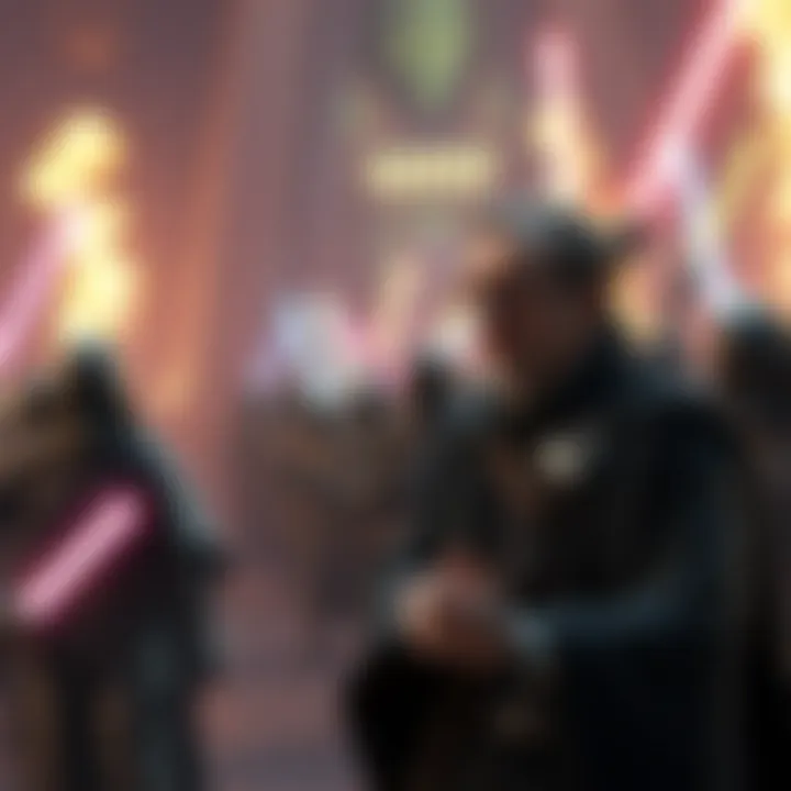 KOTOR Remake Teaser Saber executive Steve Allison discussing the potential 2028 release of the KOTOR remake, with fans showing excitement in the background