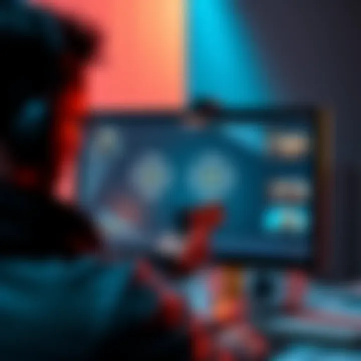 A person focused on a computer screen, practicing aiming skills in Kovaaks with various target scenarios on display.