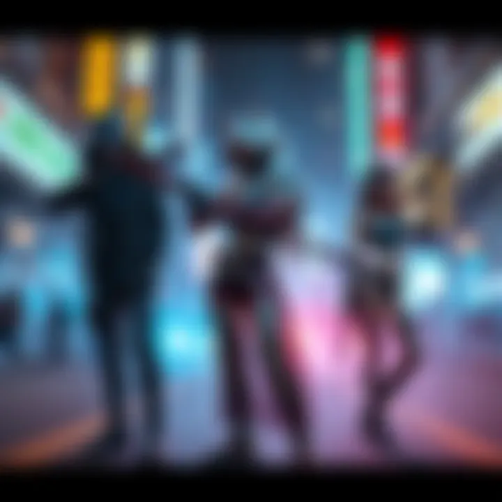 K-Pop artists dressed as demon hunters pose dramatically with weapons and dark outfits in a vibrant urban setting, surrounded by colorful lights.