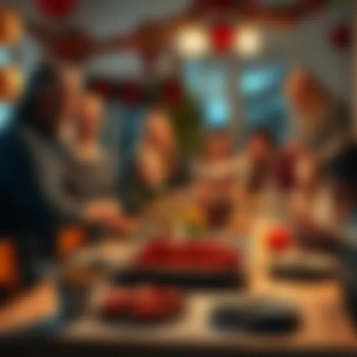 A joyful family gathering with laughter and food during Kräftskiva, featuring a table filled with cooked crayfish and vibrant decorations.