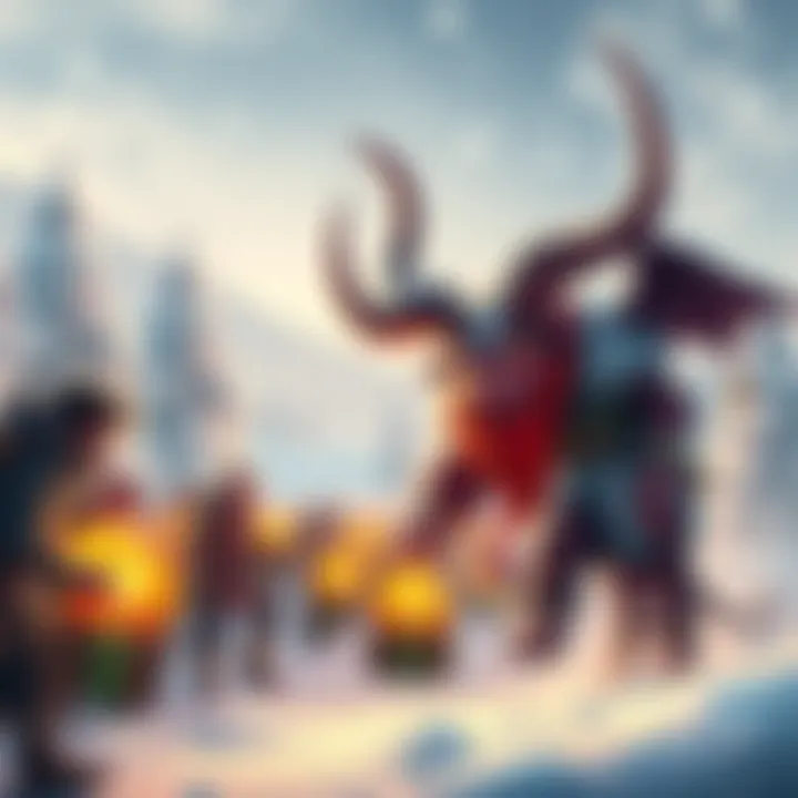 A festive scene showcasing Krampus, a horned creature, in a snowy landscape with players farming rewards.