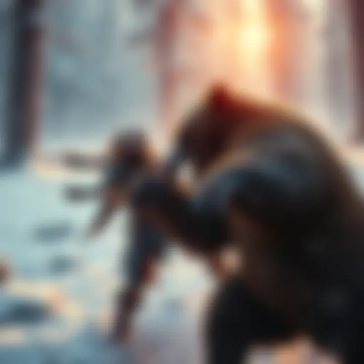 Kratos and Atreus in a Bear Fight Kratos, a strong warrior, accidentally harms Atreus during a fierce bear fight in a snowy forest setting.