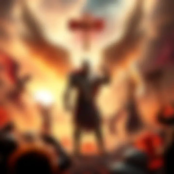 Kratos standing in a fierce battle stance, surrounded by angels and demons in a dramatic heavenly and hellish backdrop.