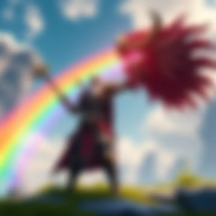 Kratos, a fierce warrior, stands with Mimir, a floating head, as they create colorful rainbows together in a bright gaming landscape.