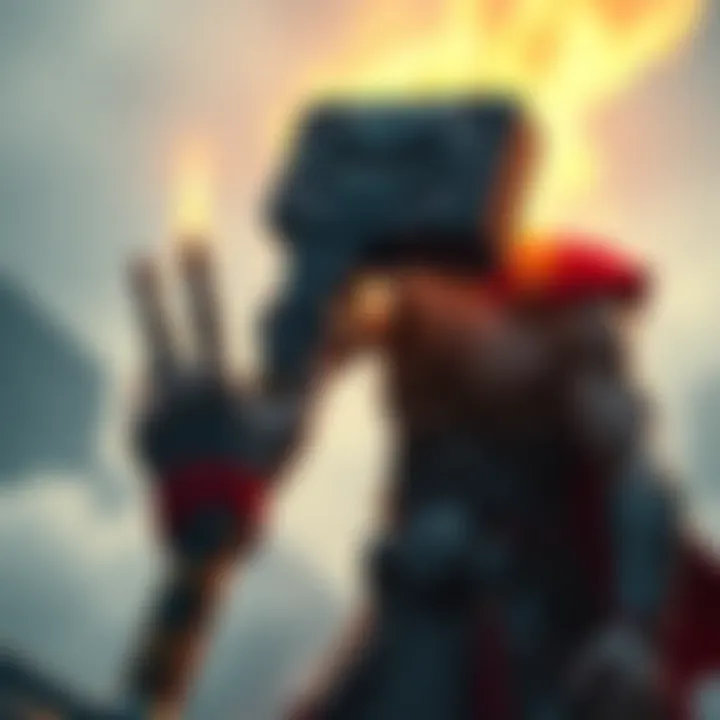 Kratos in battle stance, extending his hand towards the mighty hammer Mjölnir, with Thor nearby.