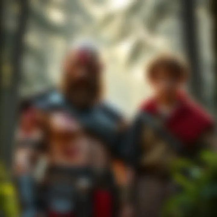 Kratos, a strong warrior with a distinctive beard and armor, stands beside his son who has a youthful appearance. They are in a forest setting, indicating their adventure together.