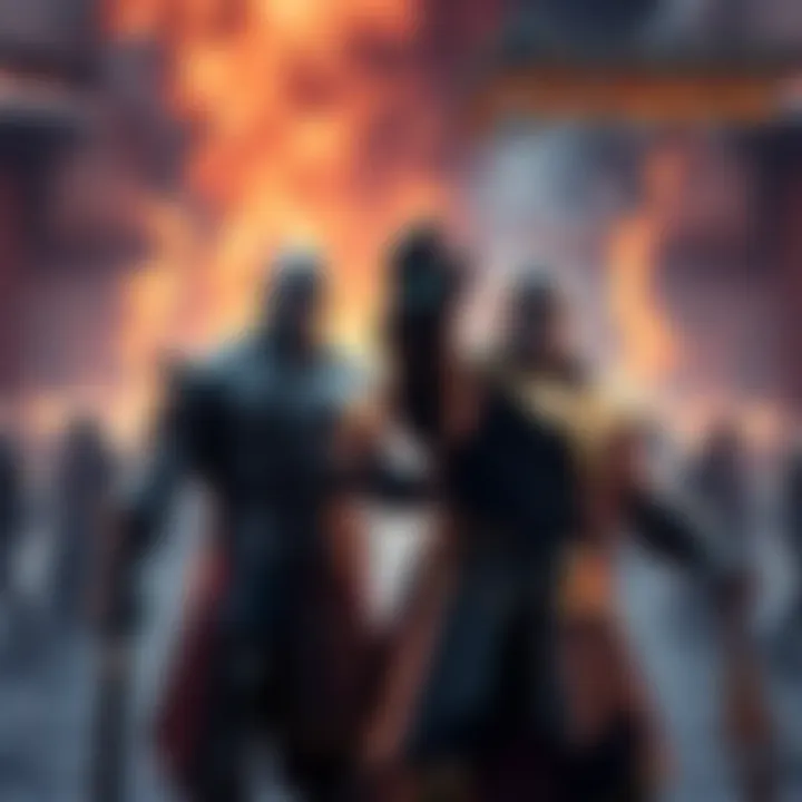 Kratos stands ready with his weapons, while Thanos prepares with the Infinity Gauntlet, both facing the Avengers in a dramatic showdown.