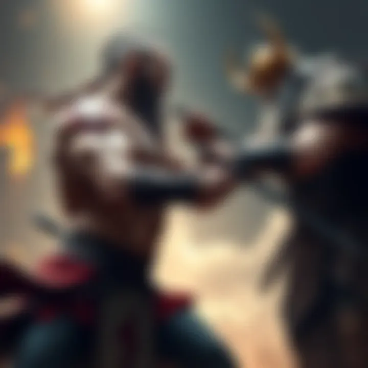 Kratos, a muscular warrior with a red tattoo, clashes swords with Odin, a tall figure with a long beard and a golden helmet, in a dramatic scene.