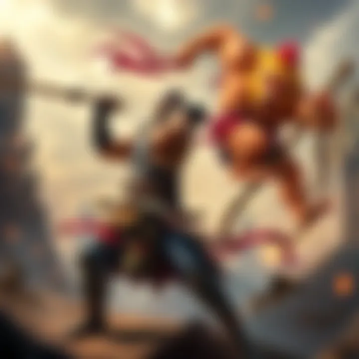 A fierce battle scene between Kratos, a muscular warrior with weapons, and Wukong, a monkey-like figure with a staff, in a mythical landscape.