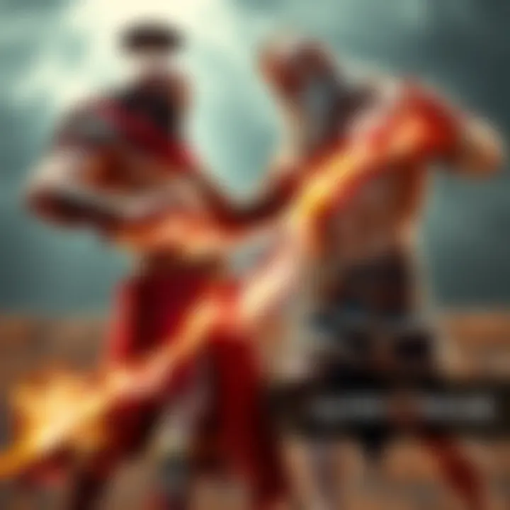 Kratos in his battle stance facing Zeus, who wields lightning in his hands