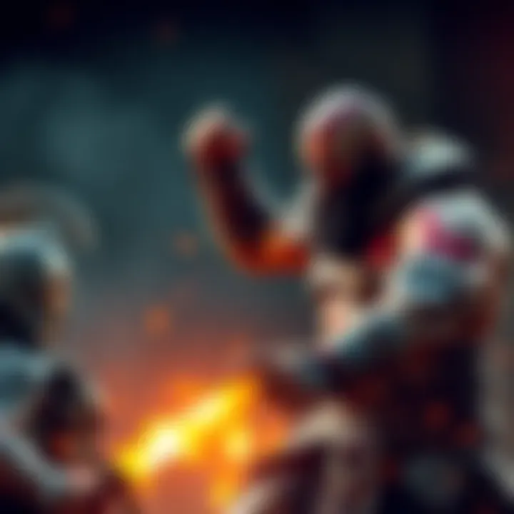 Kratos and bold character in action Kratos prepares for a fierce battle while a bold character urges him to throw him at the enemy