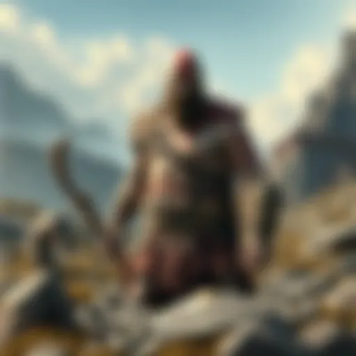 Kratos depicted in a rugged terrain, surrounded by ancient symbols of Celtic and Scythian cultures, hinting at his journey up north.
