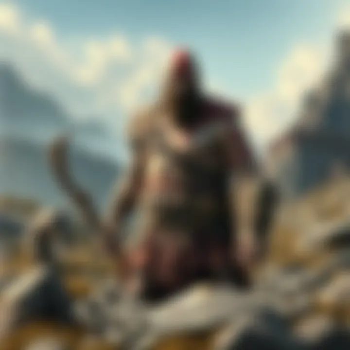 Kratos depicted in a rugged terrain, surrounded by ancient symbols of Celtic and Scythian cultures, hinting at his journey up north.