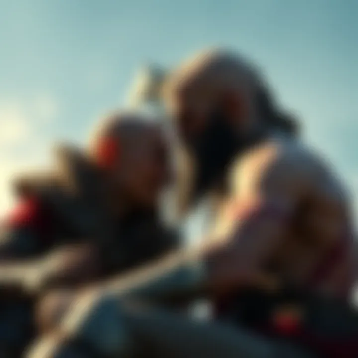 Kratos, a strong warrior, sits beside his son Atreus, showing a moment of care and reflection on their relationship.