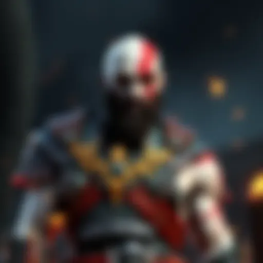 Kratos, the main character in God of War, looking determined in his battle armor, surrounded by mythological elements.