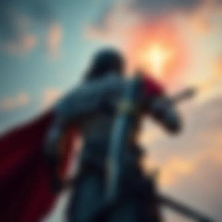 Kratos stands ready with his weapons, looking at a glowing figure symbolizing God, with a dramatic sky above.