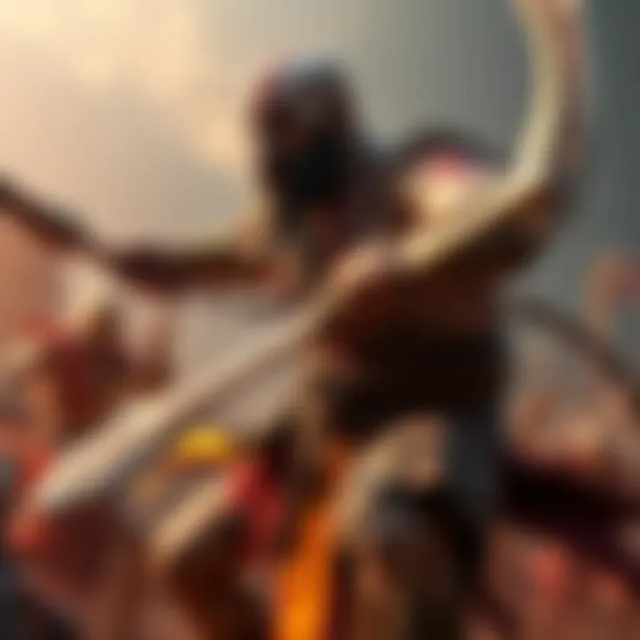 Kratos in battle Kratos, the warrior, wields his chained blades while fighting enemies in an ancient, mythological setting.