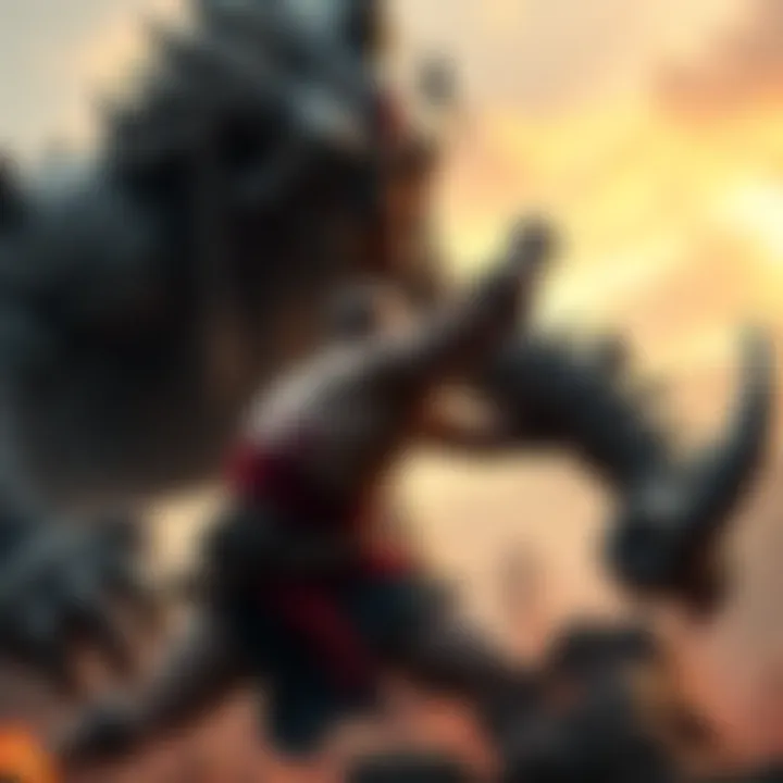 Kratos, a muscular man with red tattoos, fighting a large, fearsome monster in an ancient setting, showcasing strength and power.