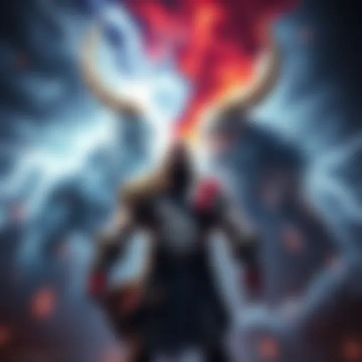 Kratos battling Zeus and Odin Kratos, a strong warrior, stands ready to fight against Zeus and Odin, who loom above him, surrounded by lightning and dark clouds